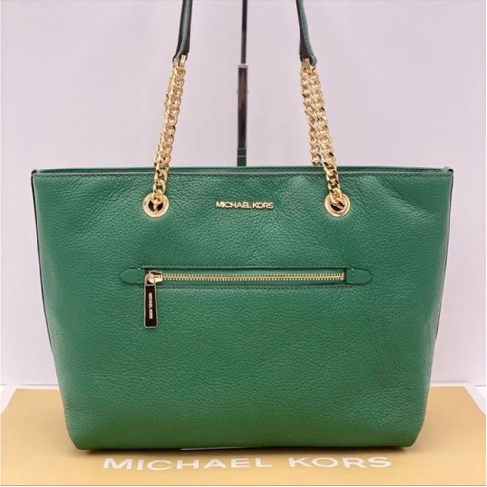 New Michael Kors Medium Front Zip Chain Tote Bag Leather JEWEL GREEN